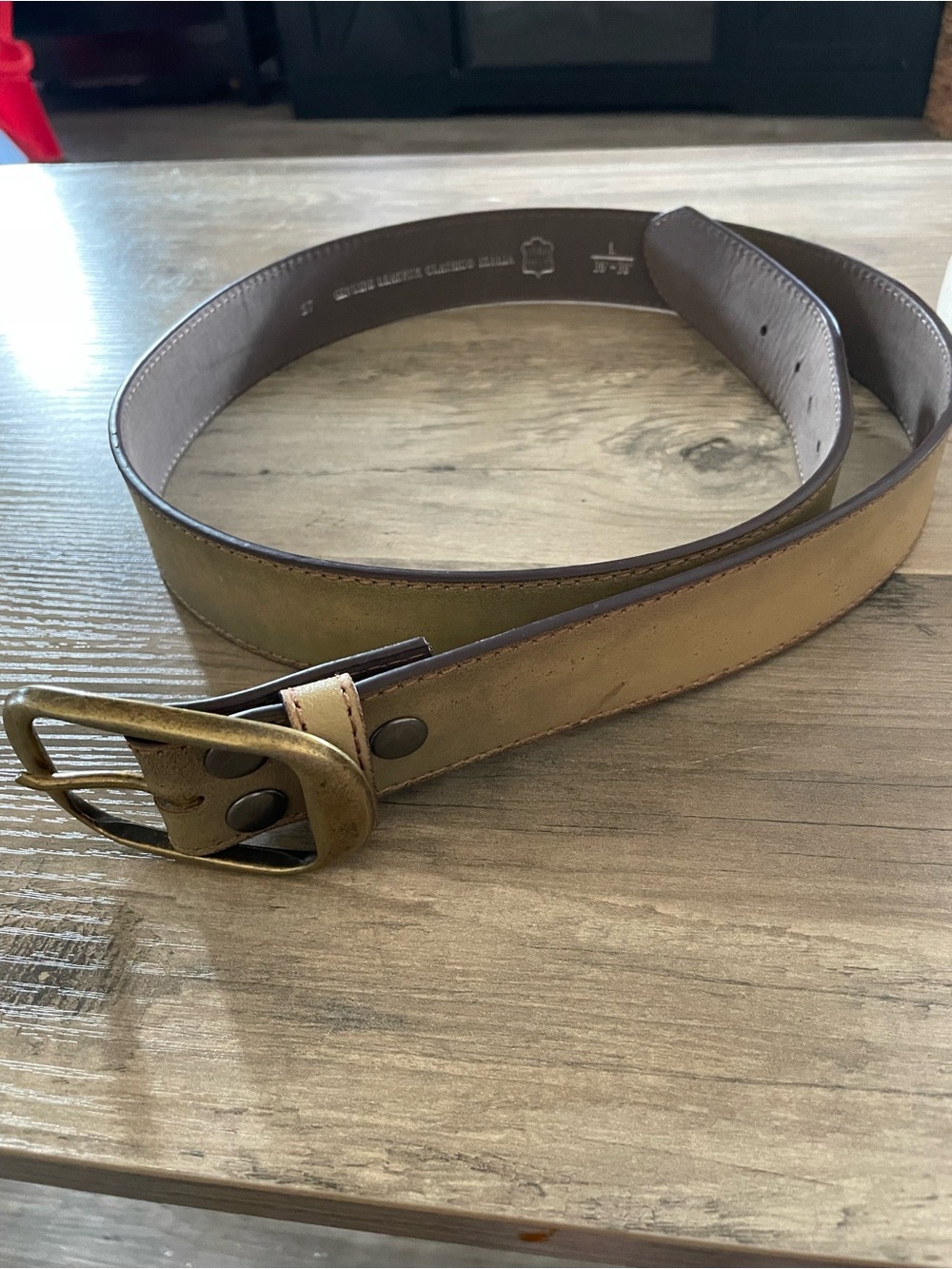 Vintage genuine classic Italian leather olive belt rectangular brass buckle Lg